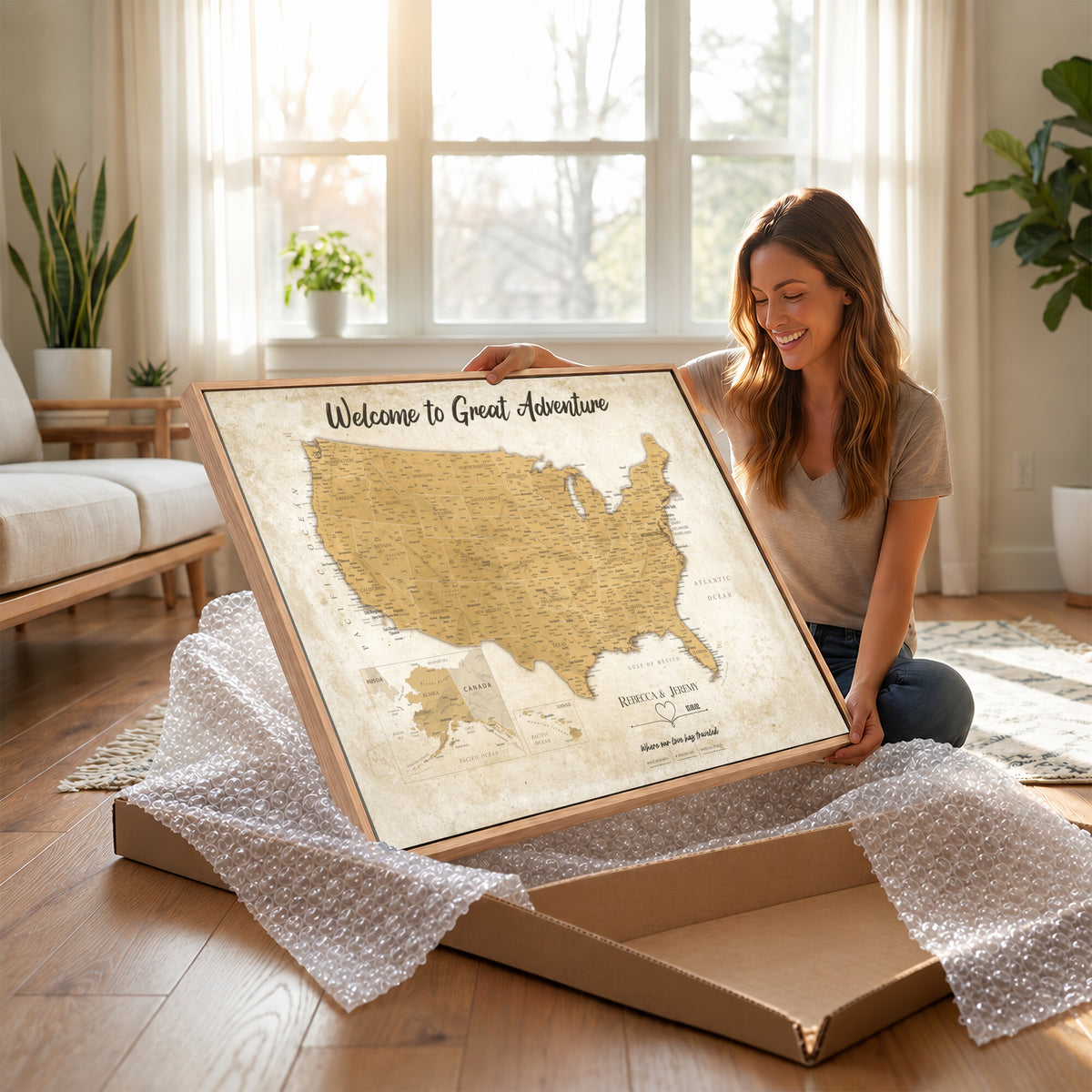 81437082-MGV-CV-36X24 - Custom Push Pin Travel USA Map Canvas Print, Cream Personalized Travel Tracker America Map, Anniversary Traveler Gift