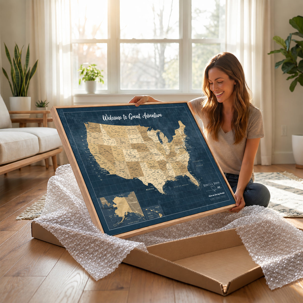 58851035-MGV-CV-36X24 - Custom Push Pin Travel USA Map Canvas Print, Cream Personalized Travel Tracker America Map, Anniversary Traveler Gift