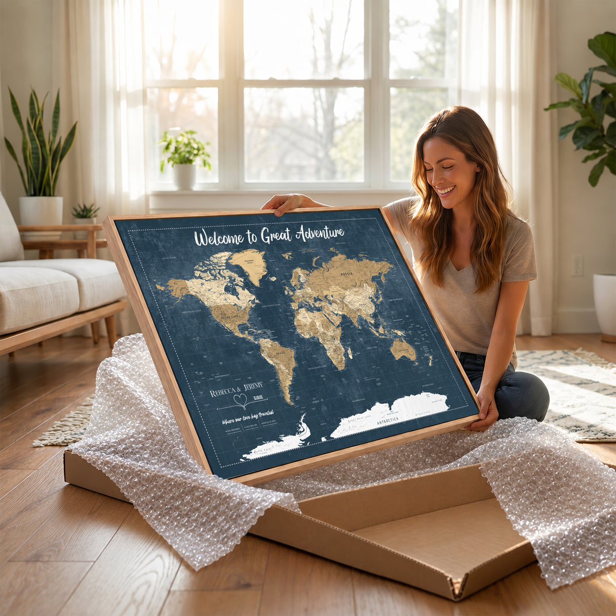 57167164-MGV-CV-36X24 - Custom Push Pin Travel Map Canvas Print, Cream Personalized Travel Tracker Map, Anniversary Gift, Vintage World Map Wall Art