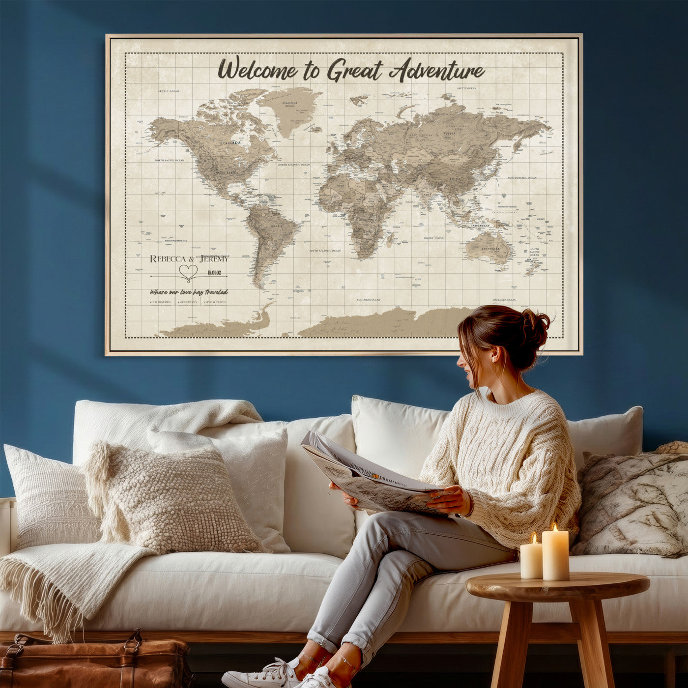51180020-MGV-CV-36X24 - Custom Push Pin Travel Map Canvas Print, Cream Personalized Travel Tracker Map, Anniversary Gift, Vintage World Map Wall Art