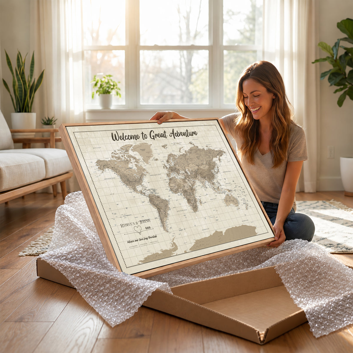 51180020-MGV-CV-36X24 - Custom Push Pin Travel Map Canvas Print, Cream Personalized Travel Tracker Map, Anniversary Gift, Vintage World Map Wall Art