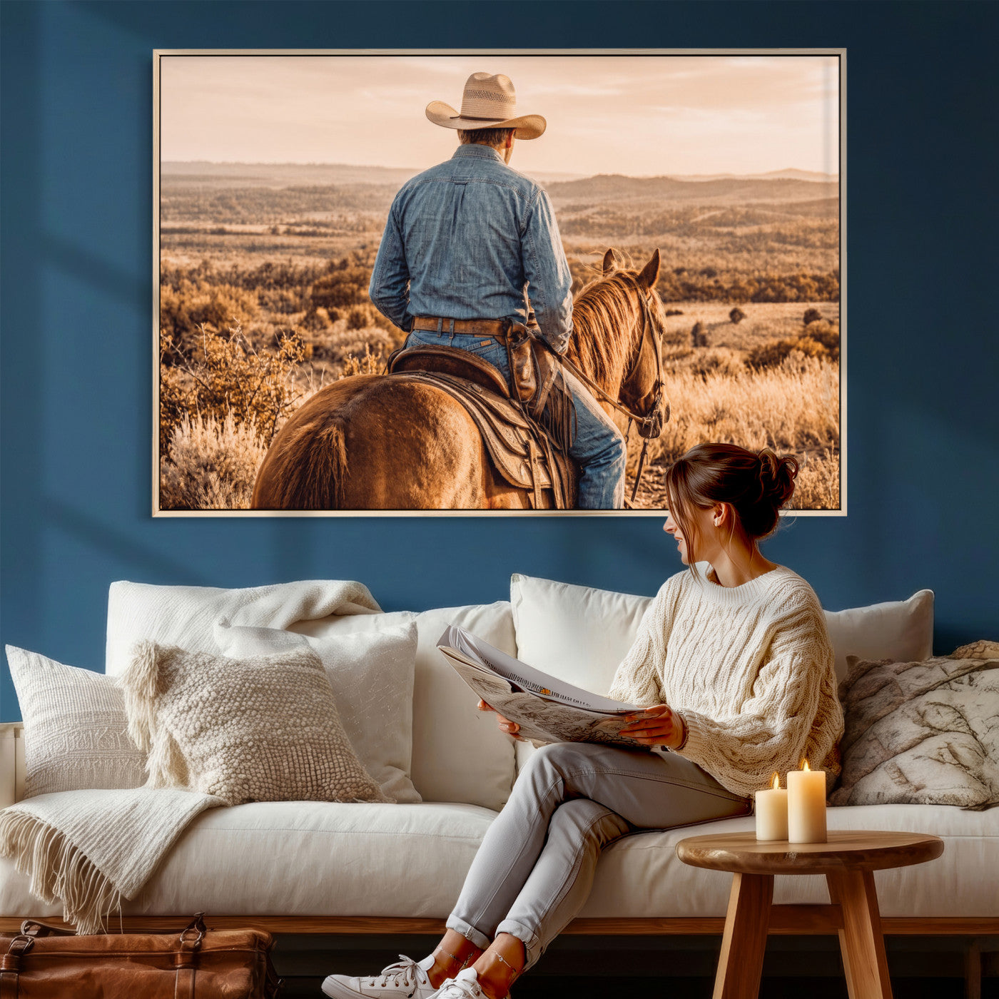 62076449-MGV-CV-36X24 - Texas Cowboy and Horse Print for Western Wall Art Decor for Farmhouse