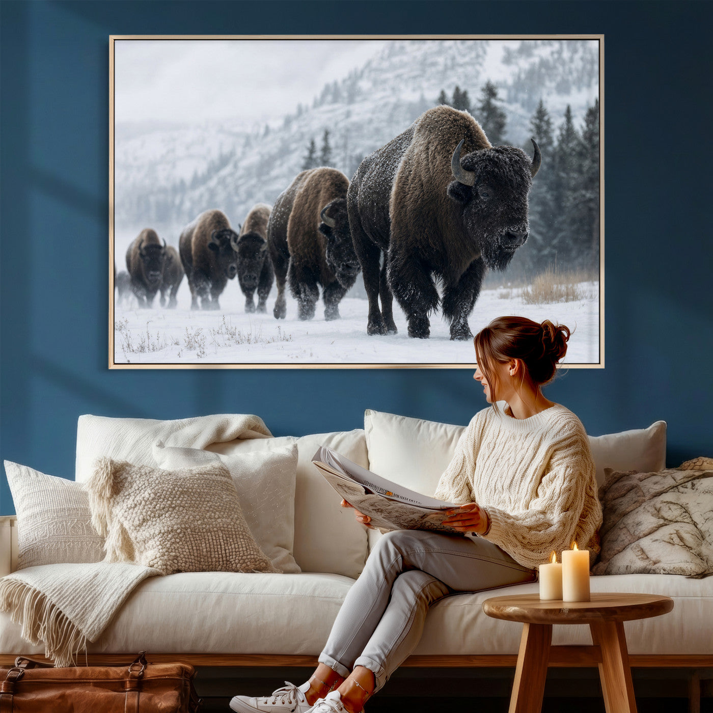 18343289-MGV-CV-36X24 - Rustic Bison Wall Art, American Buffalo Photo Print, Wildlife Canvas Artwork, Snowy Mountain Decor, Large Nature Poster, Cabin Gift Idea