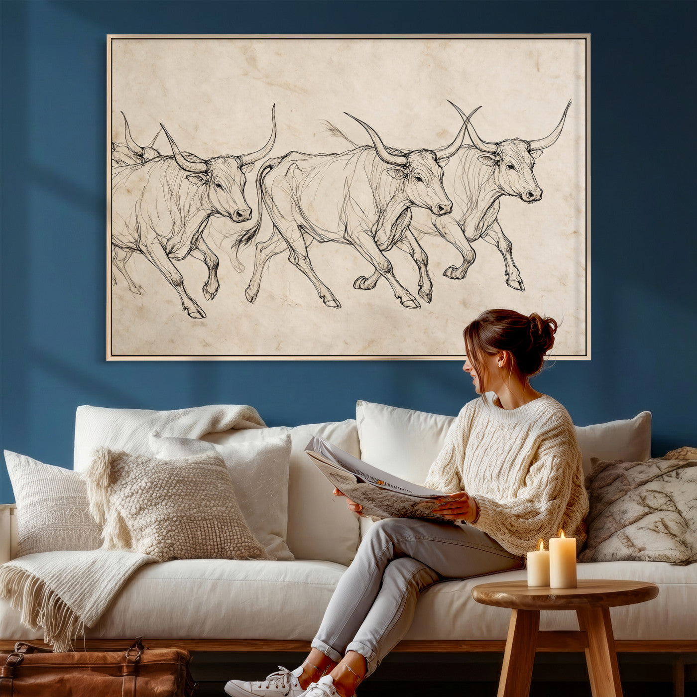 87177621-MGV-CV-36X24 - Minimalist Longhorn Line Art, Modern Texas Bull Canvas Print, Abstract Western Wall Decor, Continuous Line Artwork, Black White Ranch Gift