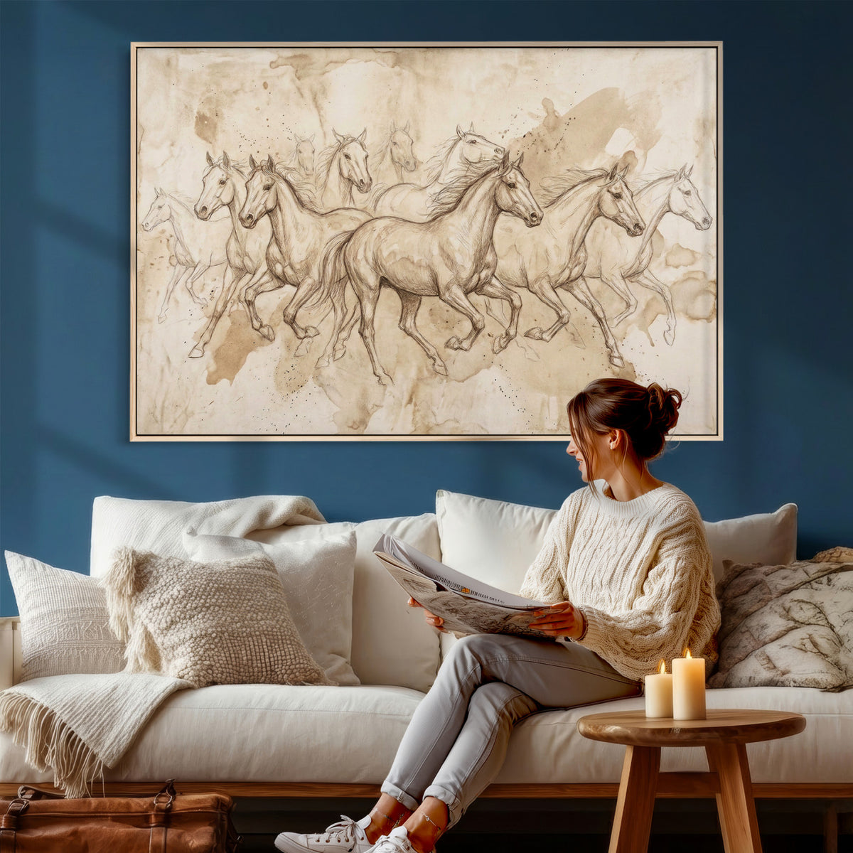 52233469-MGV-CV-36X24 - Vintage Horse Sketch Canvas Wall Art, Wild Horses Pencil Drawing Print, Antique Parchment Western Decor, Equine Sketching, Country Manor Gift