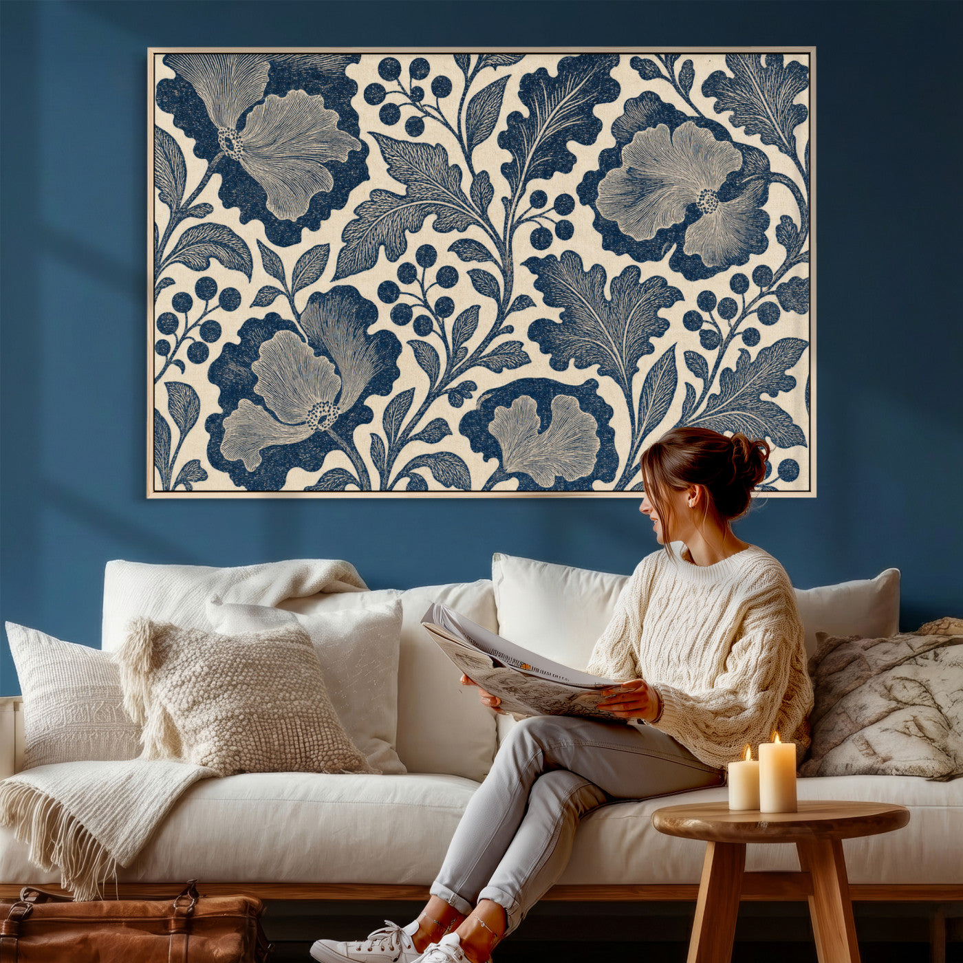 23824002-MGV-CV-36X24 - William Morris Style Navy Blue Floral Wall Art Canvas Print, Vintage Cream Botanical Painting Print