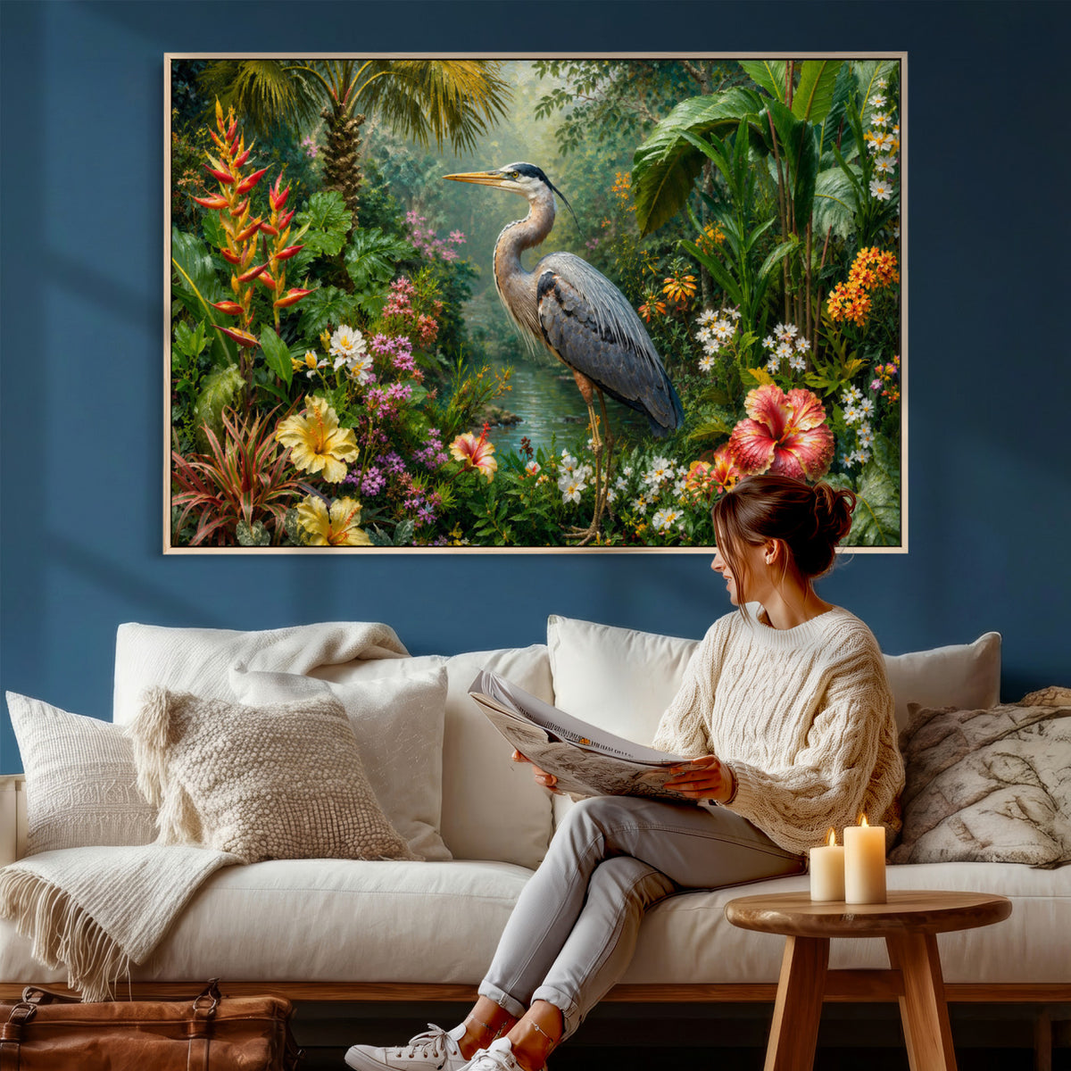81059387-MGV-CV-36X24 - Great Blue Heron Tropical Jungle Wall Art Canvas Print, Exotic Botanical Garden Painting Print