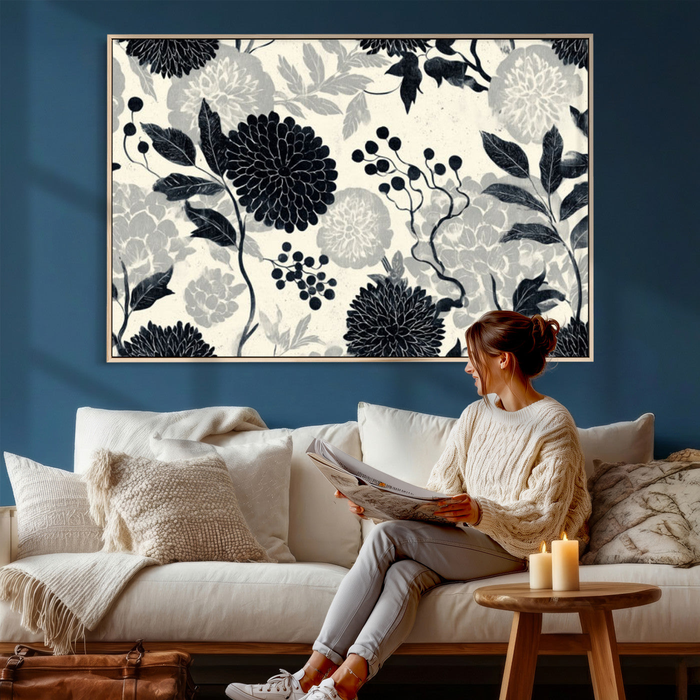 61524791-MGV-CV-36X24 - Vintage Black Chrysanthemum Wall Art Canvas Print, Monochrome Dhalia Floral Painting Print