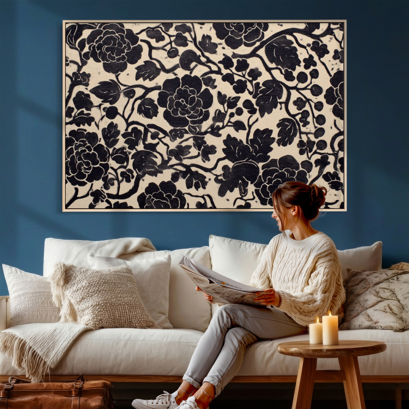 86696255-MGV-CV-36X24 - Vintage Black and Cream Floral Wall Art Canvas Print, Chinoiserie Botanical Painting Print
