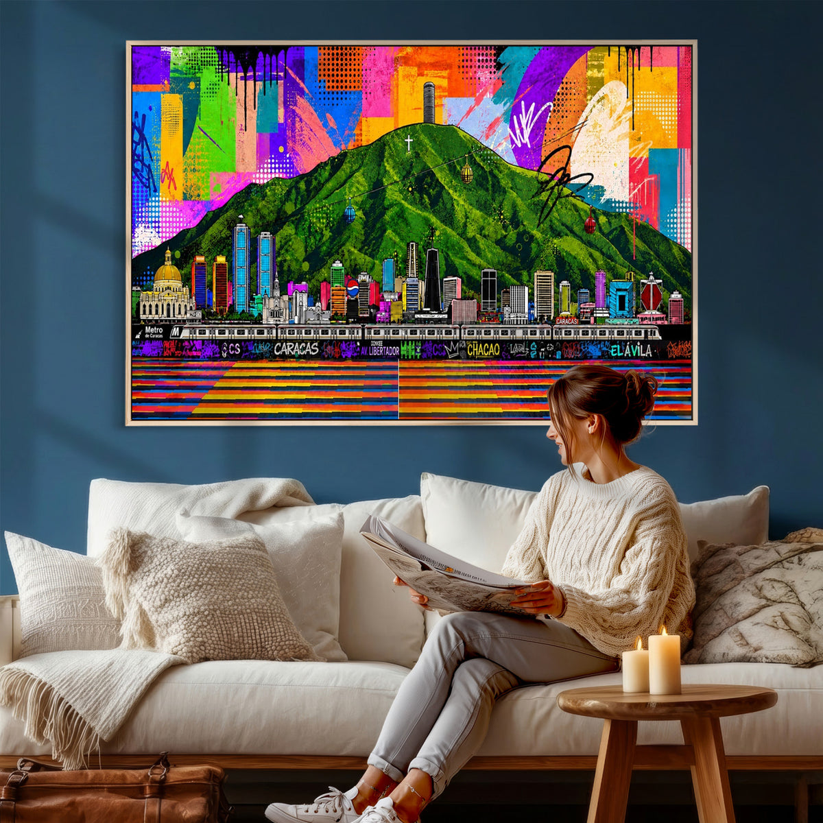 86696255-MGV-CV-36X24 - Mount Ávila, Caracas, Venezuela Wall Art Print by Artist Yorlette - Graffiti Caracas Skyline Canvas Art, Colorful Street Artwork - Venezuela El Avila Poster Print