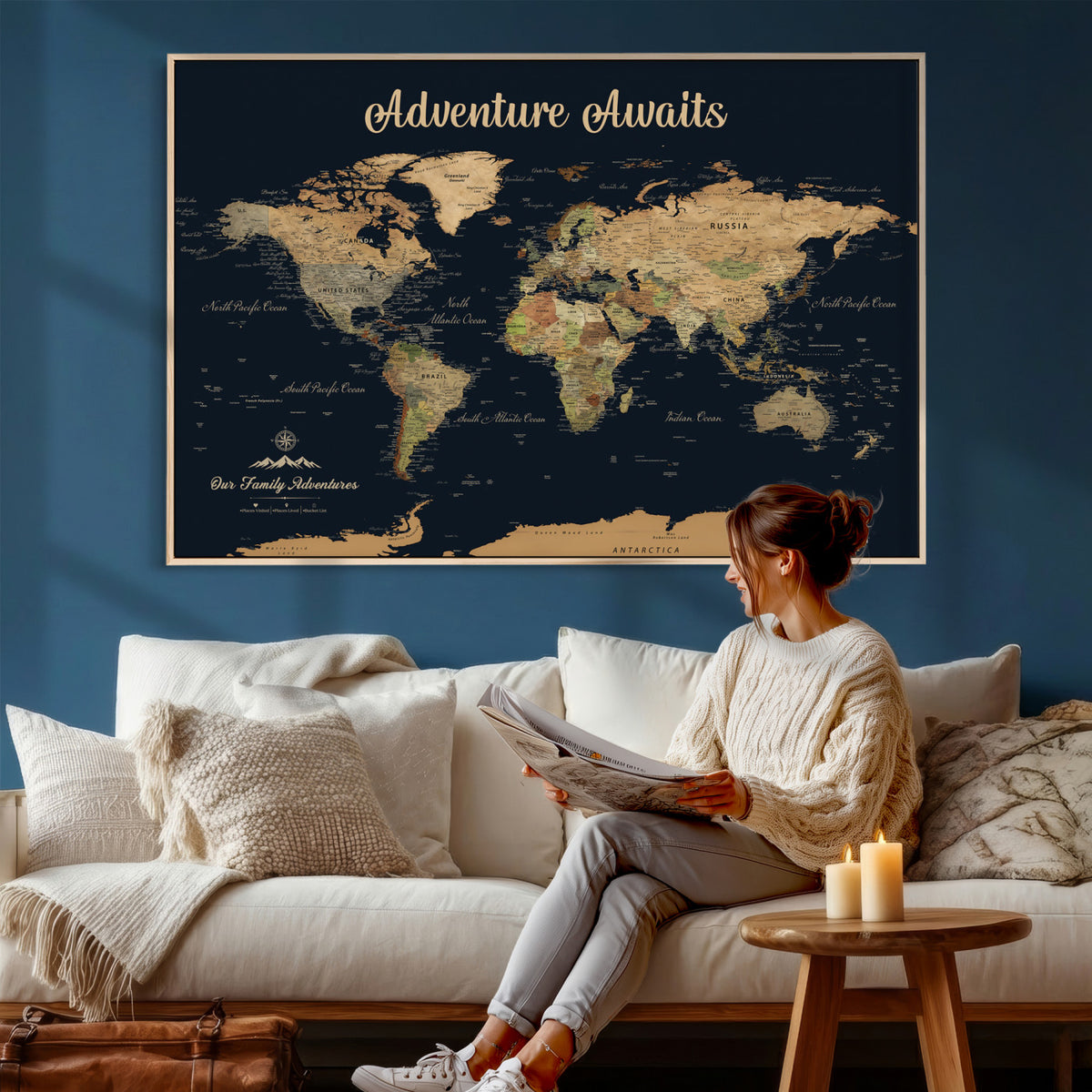 88994085-MGV-CV-36X24 - Our Family Adventures Push Pin World Map Wall Art Canvas Print - Family Travel Tracker Map with Pins