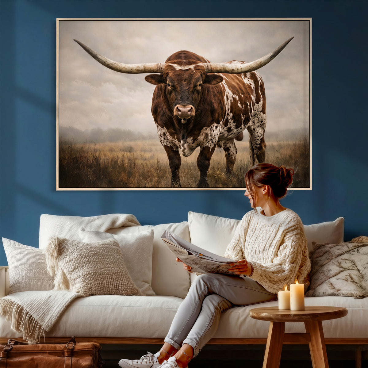 25239047A-MGV-CV-36X24 - Texas Longhorn Canvas Wall Art Western Bull Desert Moody Grey Overcast Rustic Farmhouse Framed Large for Living Room Bedroom Office Decor