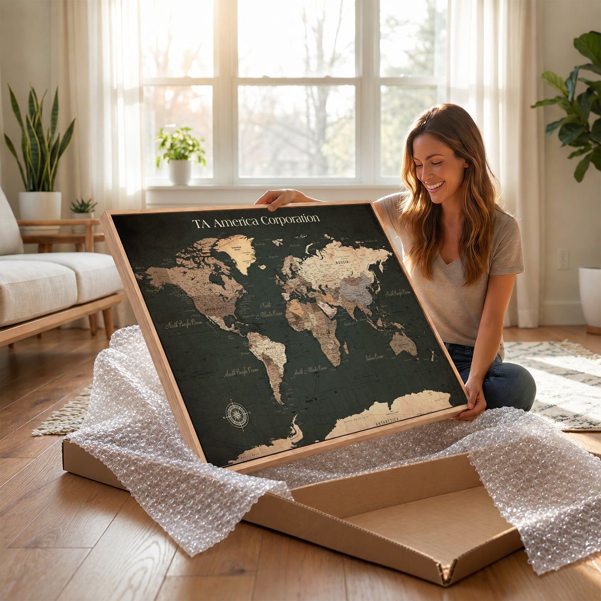 55857205-MGV-CV-36X24 - Extra Large Framed Personalize Push Pin World Map Wall Art Canvas Print for Travel Tracking