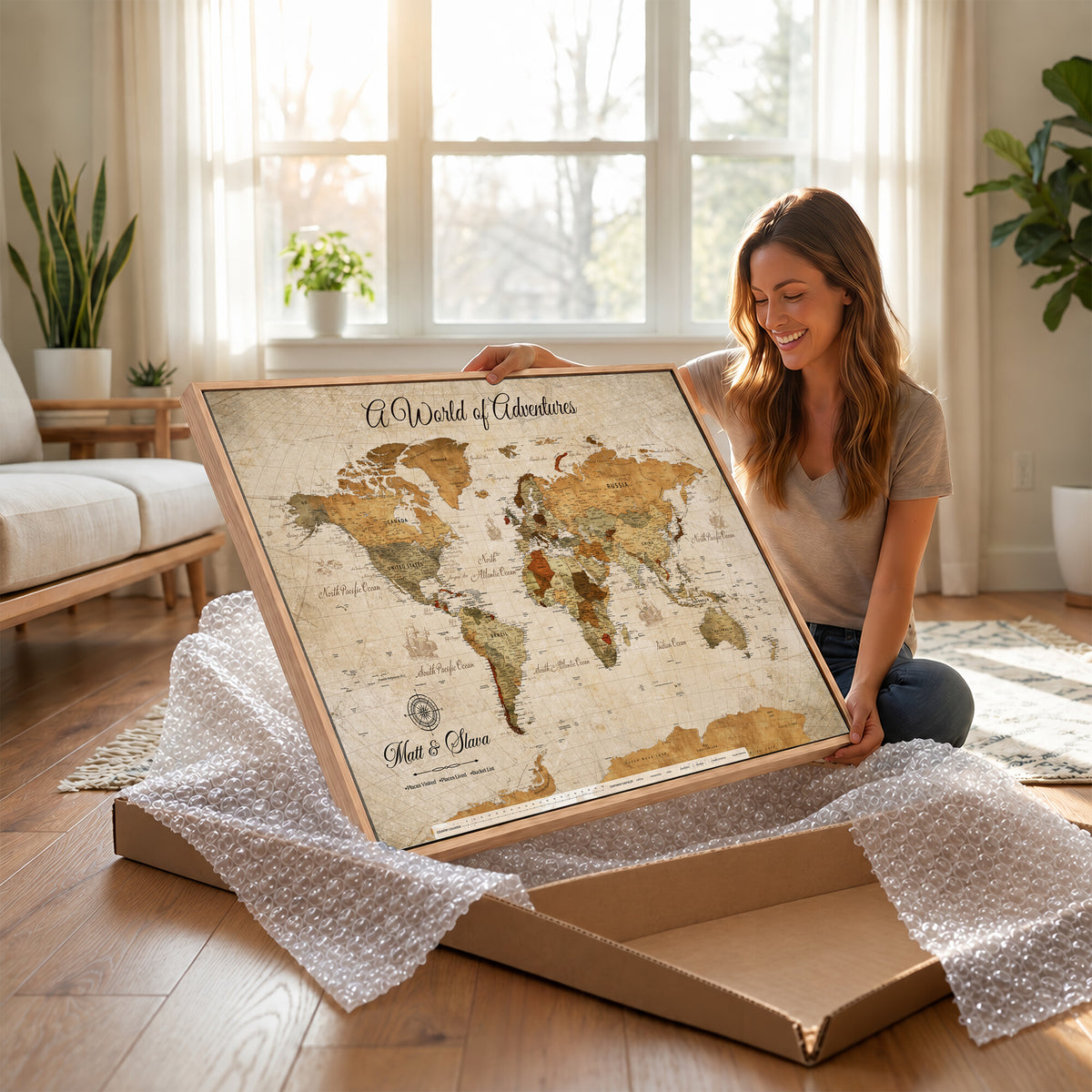 88768647-MGV-CV-36X24 - Extra Large Framed Personalize Push Pin World Map Wall Art Canvas Print for Travel Tracking