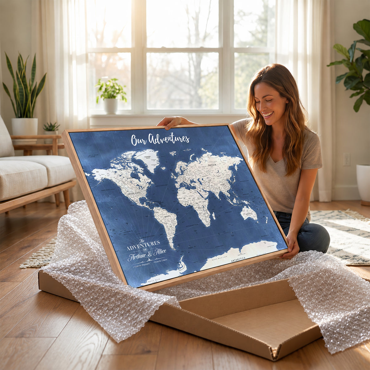 75405527-MGV-CV-36X24 - Extra Large Framed Personalize Push Pin World Map Wall Art Canvas Print for Travel Tracking