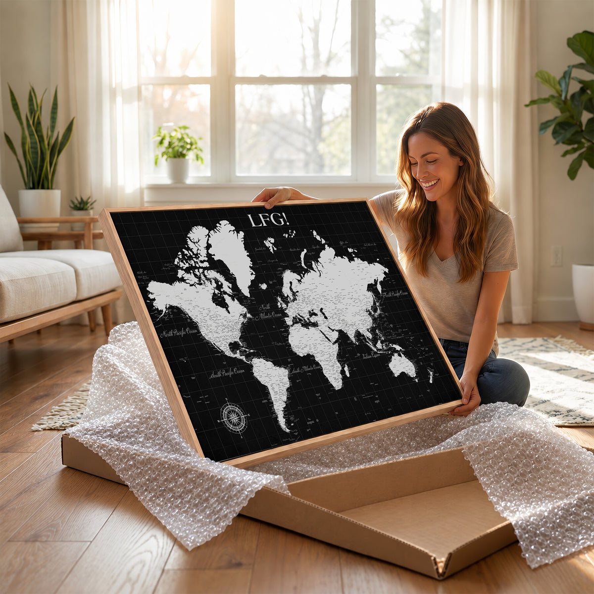 68209291-MGV-CV-36X24 - Extra Large Framed Personalize Push Pin World Map Wall Art Canvas Print for Travel Tracking