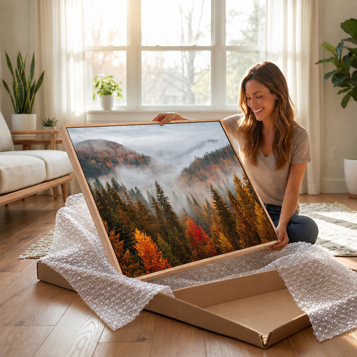 87481341-_Poster-30x20 - Foggy Autumn Mountain Canvas Print Smoky Pine Forest Wall Art Panoramic Nature Poster 3 Piece Made in USA
