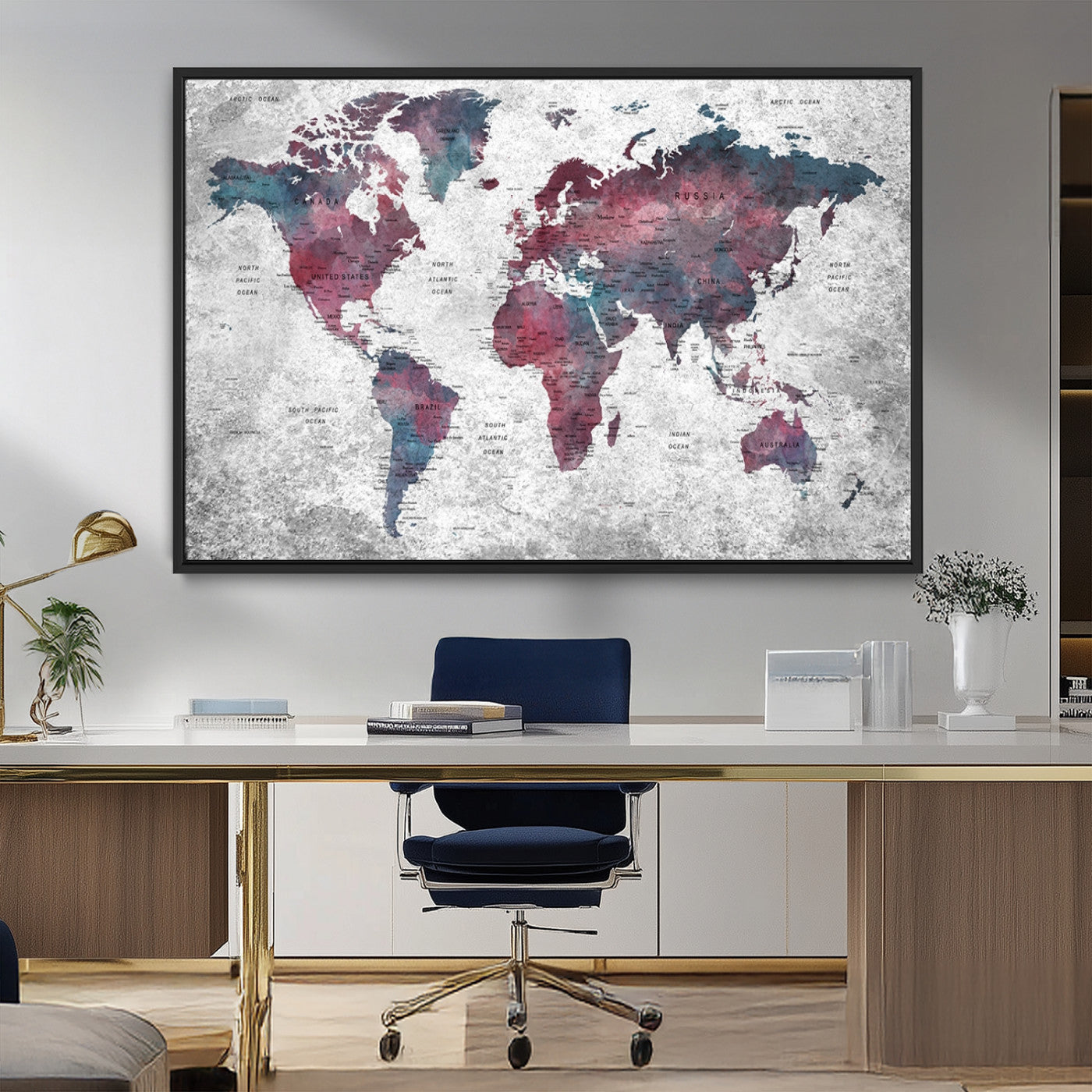38212-MGV-CV-36X24-Modern Red and Gray World Map Canvas Print – Framed Push Pin Wall Art for Couples, Contemporary Travel Map Artwork for Home and Office Decor