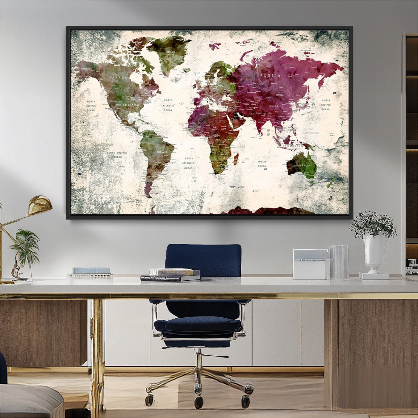 -Vintage Watercolor Push Pin World Map Canvas – Framed Travel Wall Art for Home and Office Decor