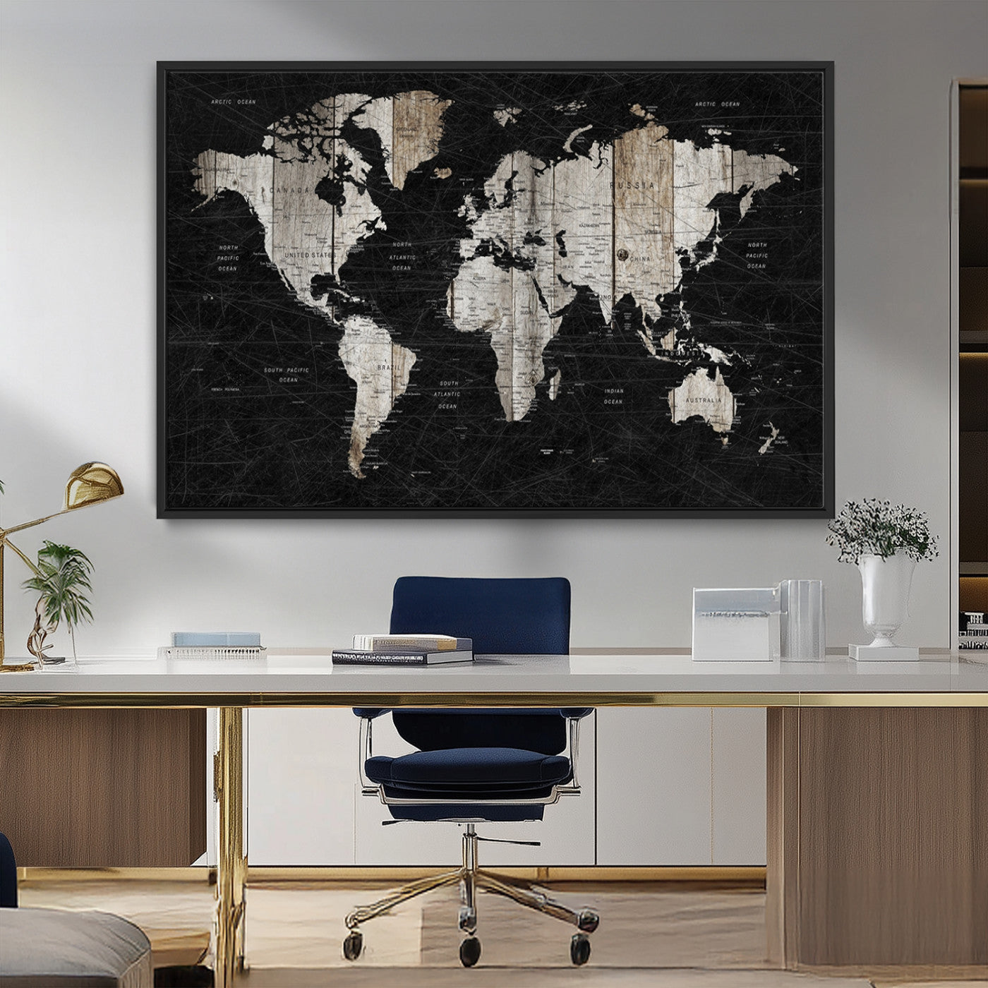 89998-MGV-CV-36X24-Rustic Black and Wood World Map Canvas Wall Art – Framed Push Pin Travel Map for Home and Office Decor, Modern Vintage Wall Artwork