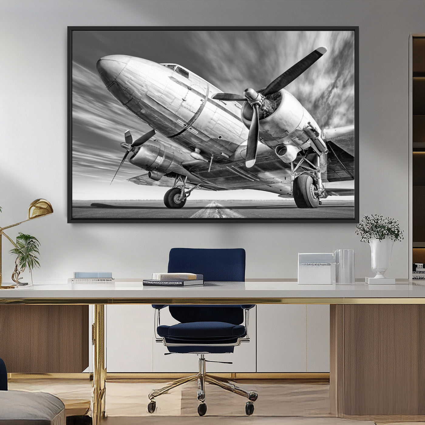 82744-MGV-FC-36X24_Black-Vintage Airplane on Runway Canvas Print
