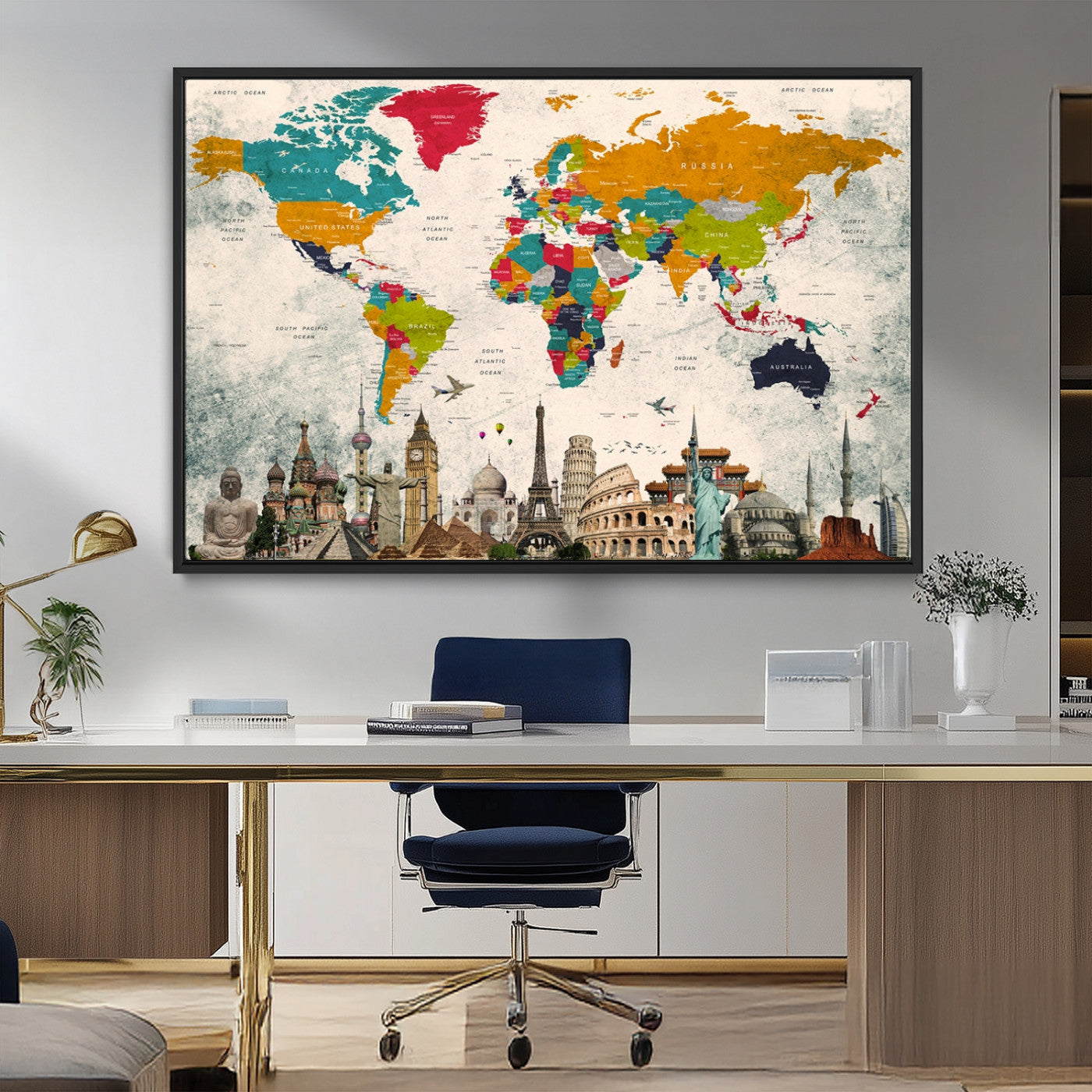 98056-MGV-CV-36X24-Colorful World Map Canvas Wall Art with Landmarks – Framed Travel Map Print for Home and Office Decor, Perfect Gift for Travel Lovers