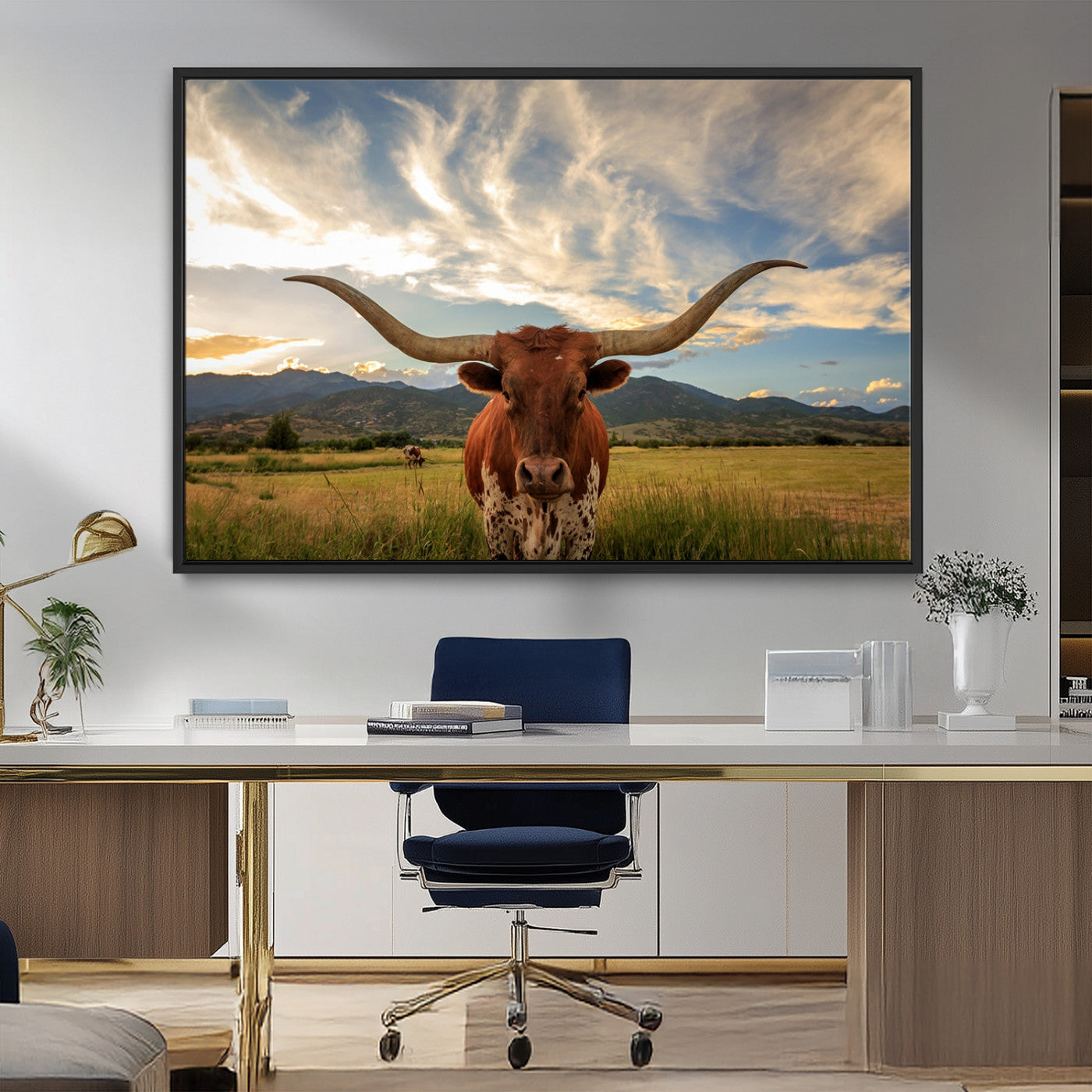 55416-MGV-FC-36X24_Black-Texas Longhorn Canvas Wall Art – Majestic Triptych Animal Print – Rustic Western Decor for Living