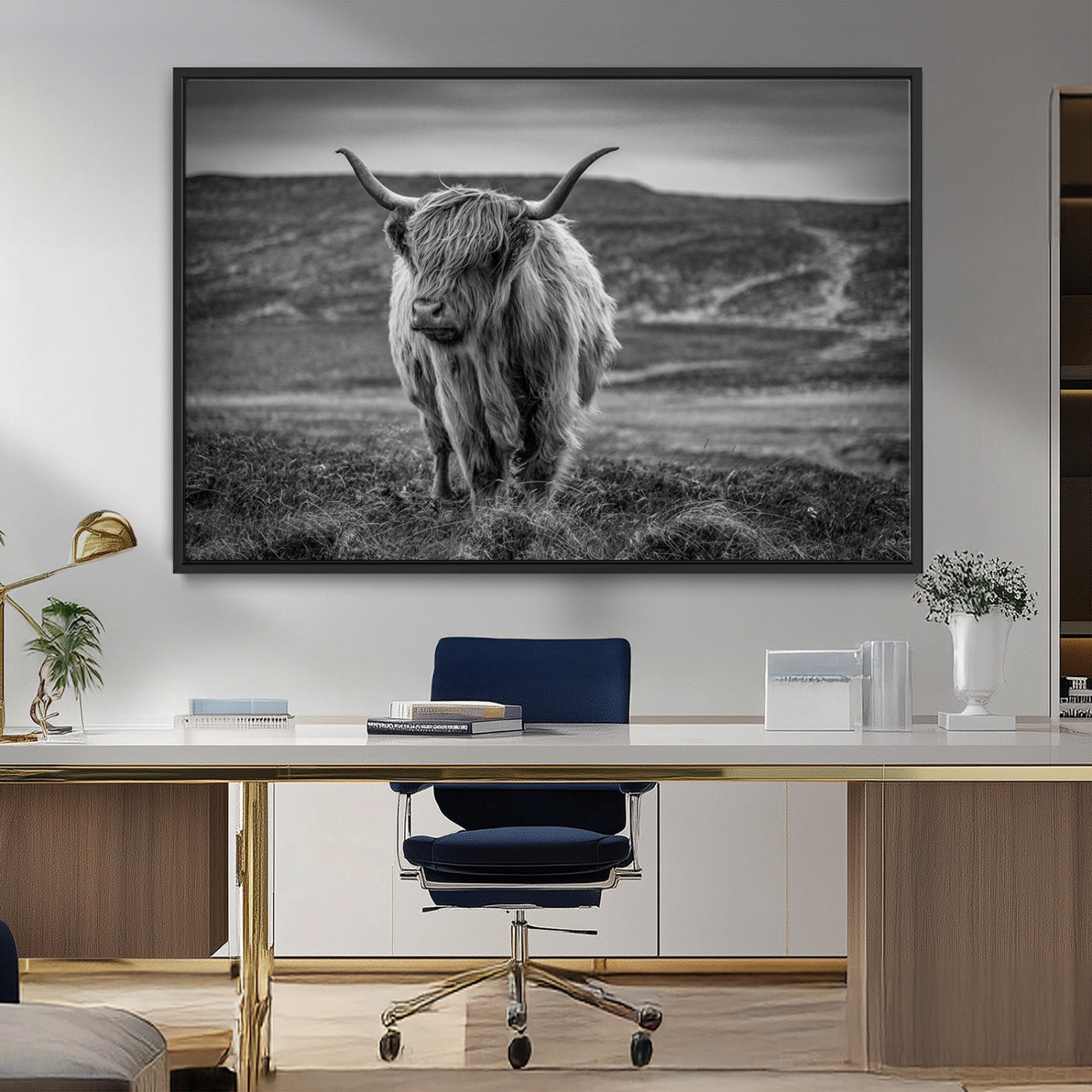 -Fluffy Cattle Wall Art Print, Highland Cow Canvas, Framed Black and white Wall Art