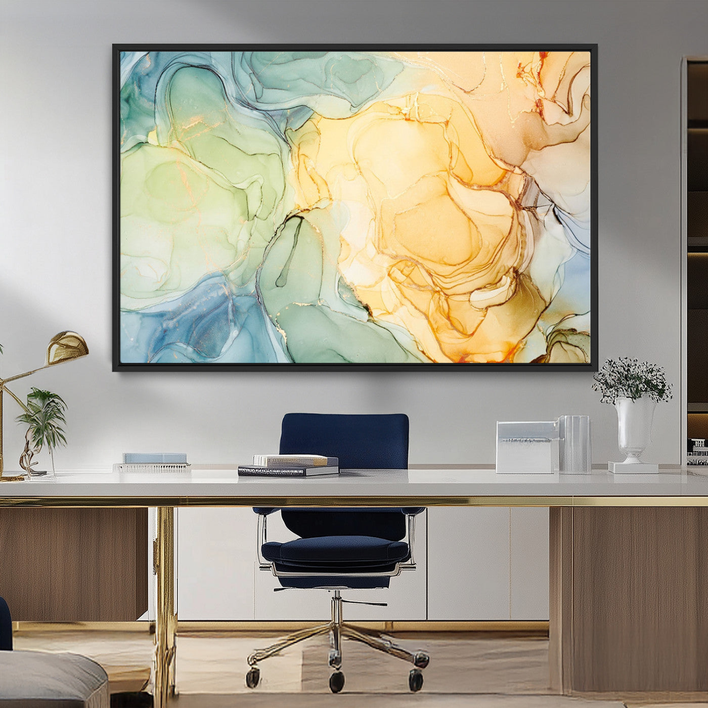 42195-MGV-CV-36X24-Green and Yellow Marble Fluid Effect Wall Art, Green and Yellow Marble Canvas Wall Art Print