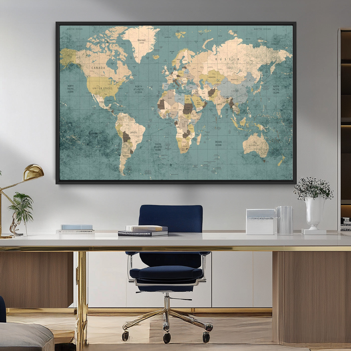 54872-MGV-FC-36X24_Black-Classic World Map Canvas Print – Framed Vintage Map Wall Art, Retro Atlas Design for Rustic Explorer or Study Room Decor