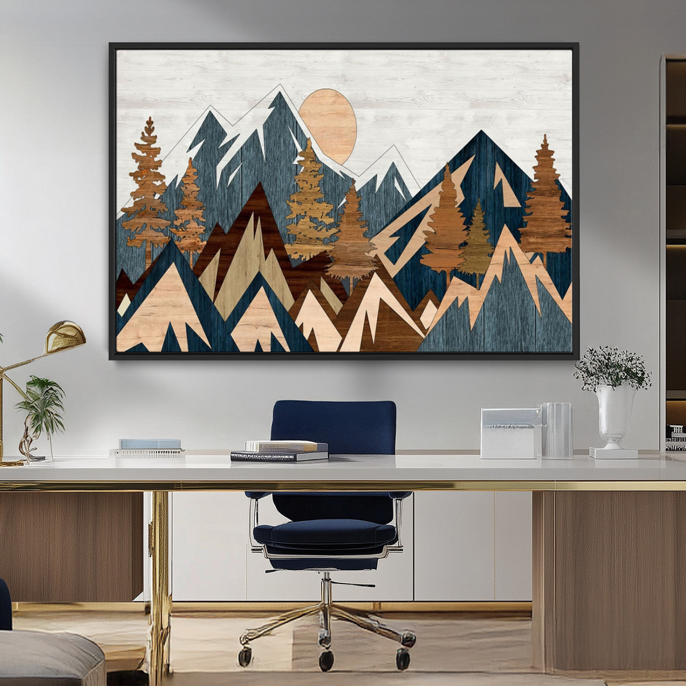 91467-MGV-CV-36X24-Abstract Wood Panel Effect Mountain Range Top Wall Art Canvas Print