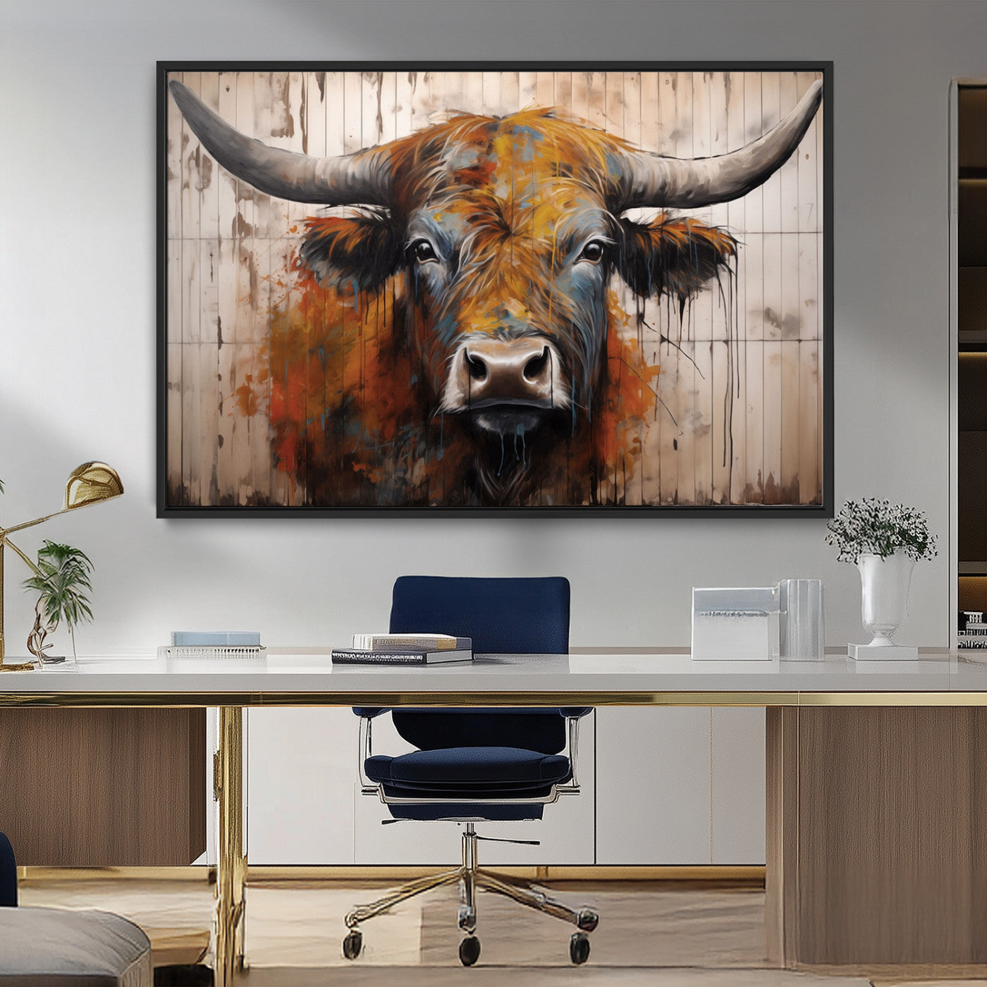 47284-MGV-CV-36X24-Abstract Bull Highland Cow Canvas Wall Art Print – Vibrant Rustic Charm in Modern Farmhouse Decor –