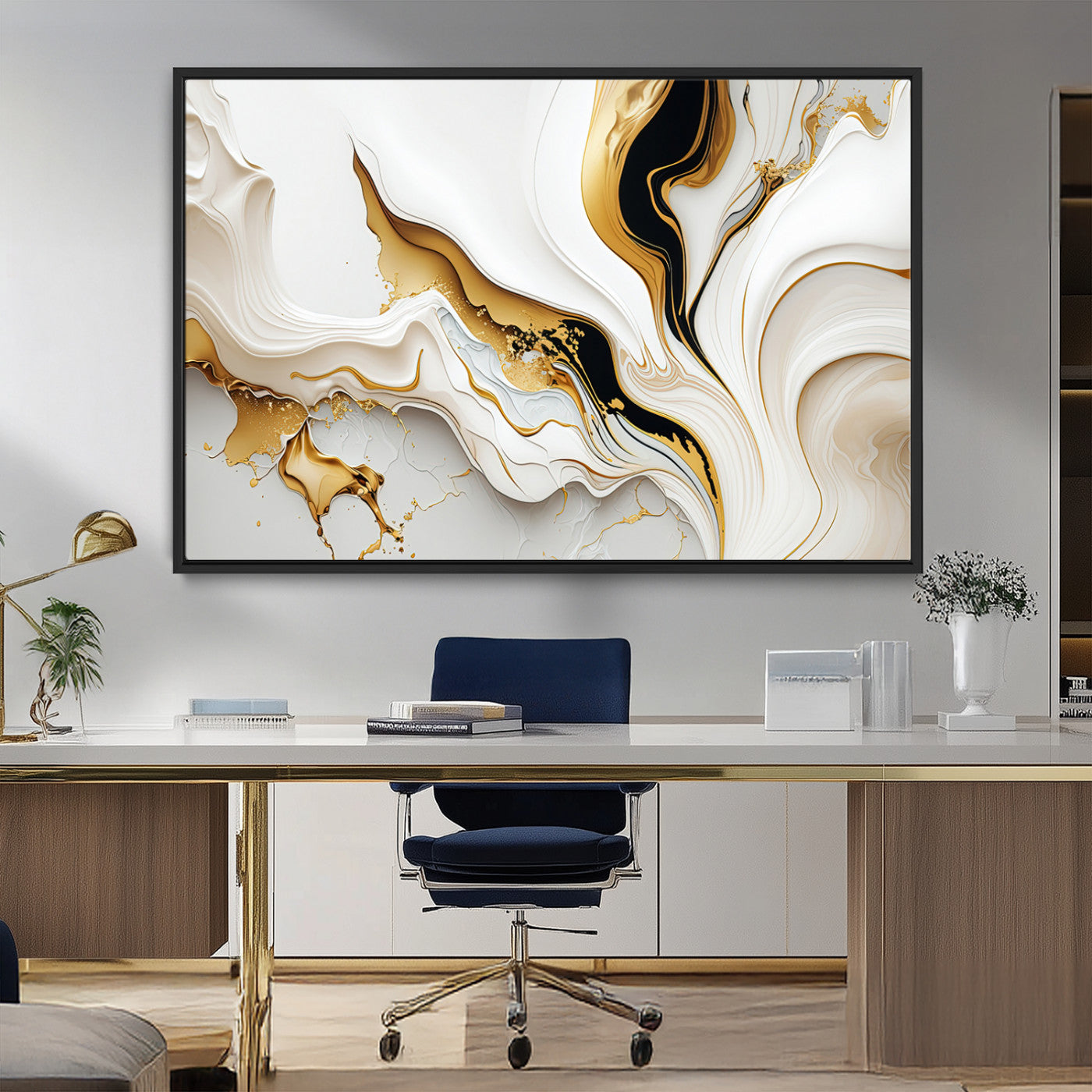 98637-MGV-FC-36X24_Black-Gold Waves on Pure White Canvas – Gold Abstract Art for Modern Interiors | Wall Art Canvas, Framed &