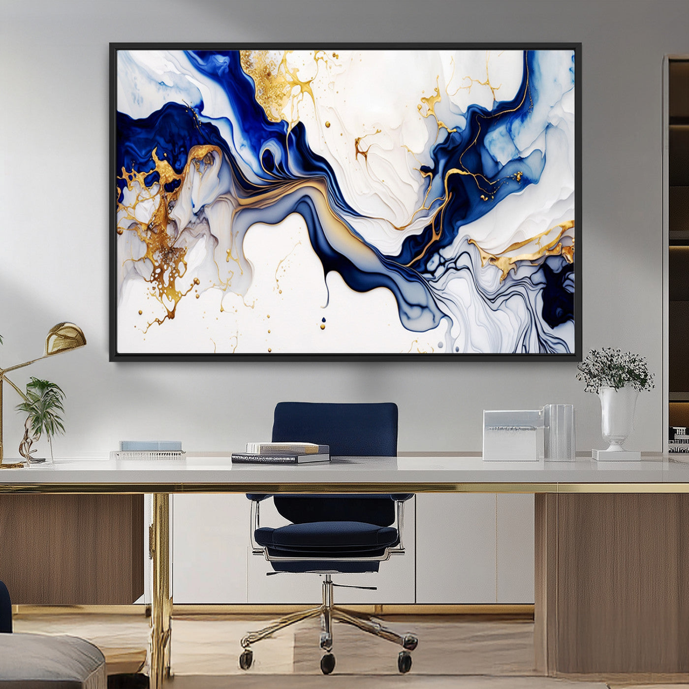 93392-MGV-CV-36X24-Golden Cascades on Midnight Blue – Deep Blue Abstract Wall Art Flowing Elegance | Wall Art Canvas,