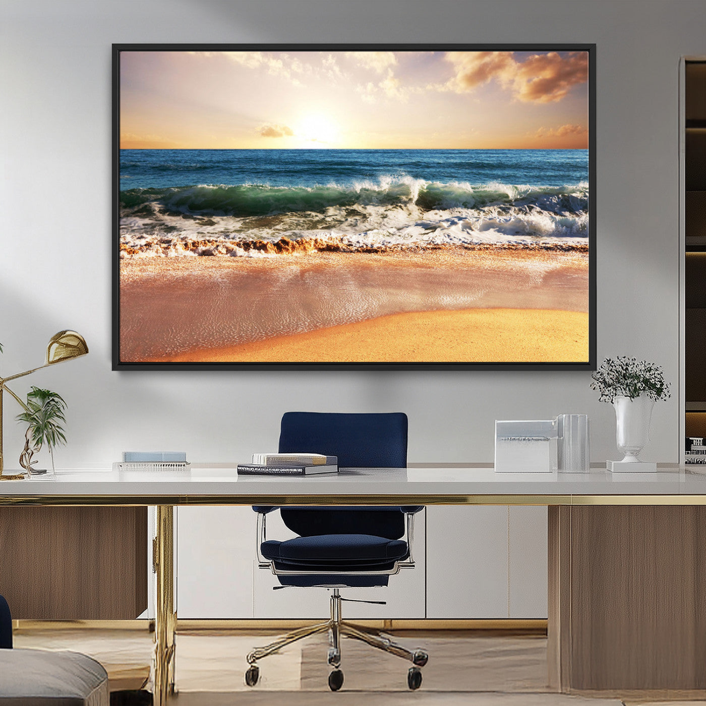 42011-MGV-CV-36X24-Sunset Beach Wall Art - 3-Panel Framed Canvas Print, Ready to Hang Ocean Sunset for Coastal and