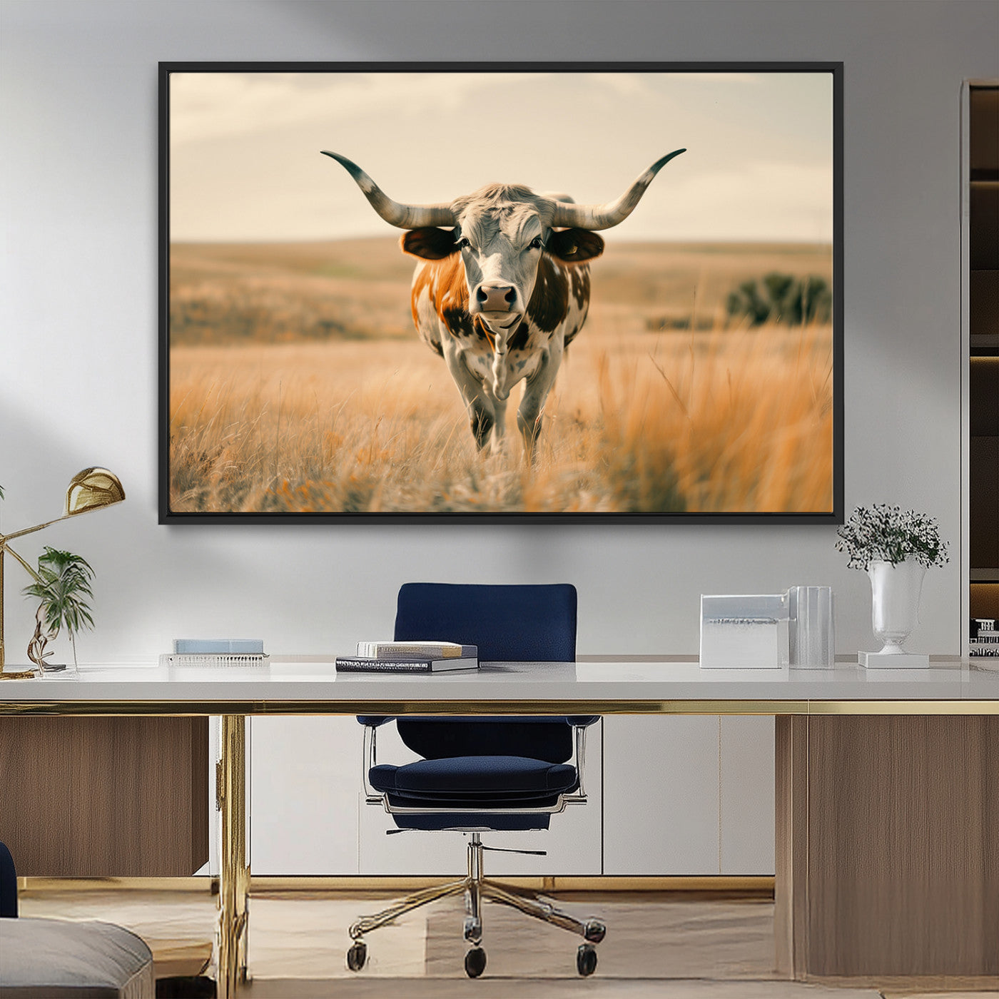 16580-MGV-CV-36X24-Texas Cow Longhorn Wall Art Canvas Print for Farm House Wall Decor, Farmhouse Cow Print Canvas Wall
