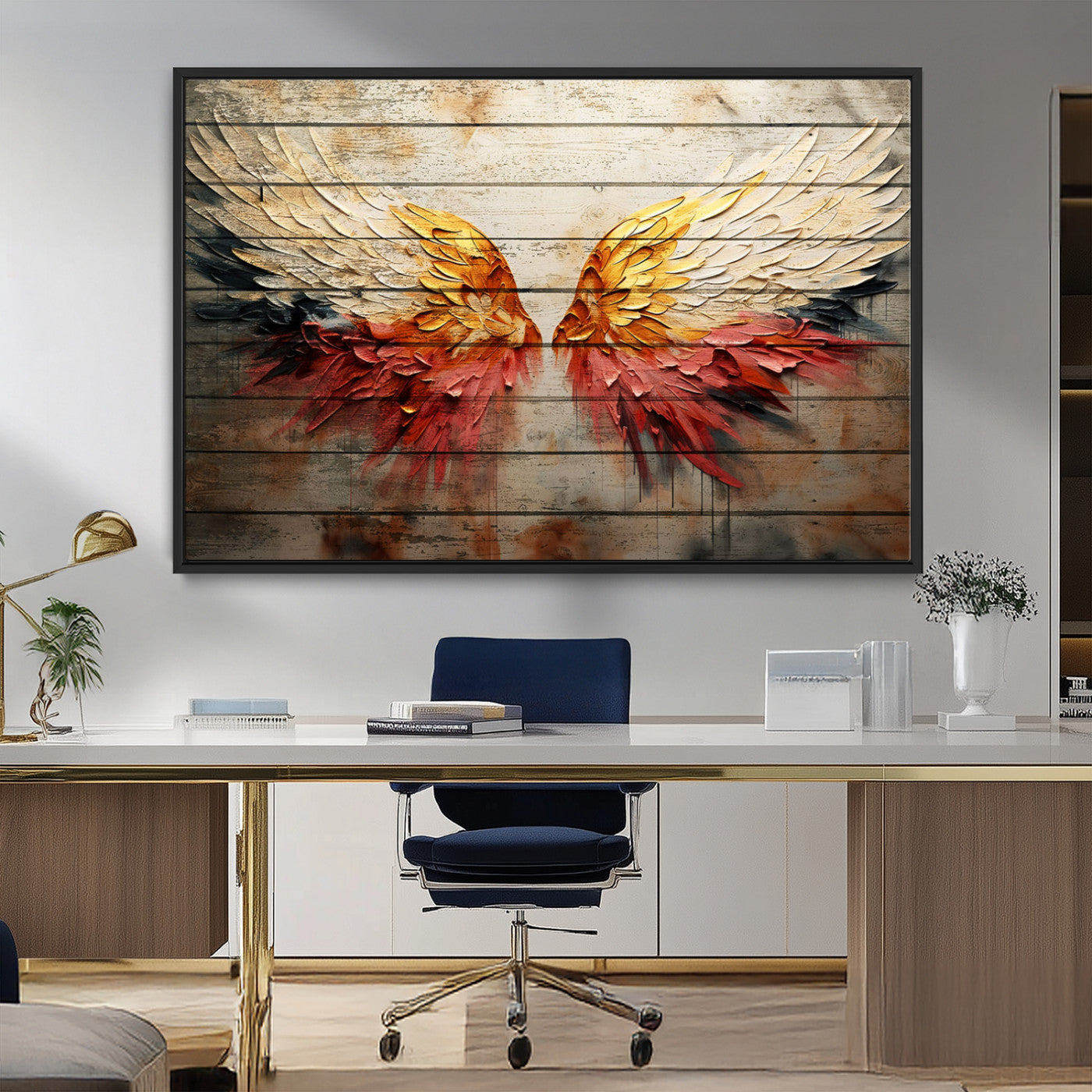 19244-MGV-FC-36X24_Black-Abstract Angel Wings Canvas Wall Art – Framed and Ready to Hang Modern Angelic Wings Decor for