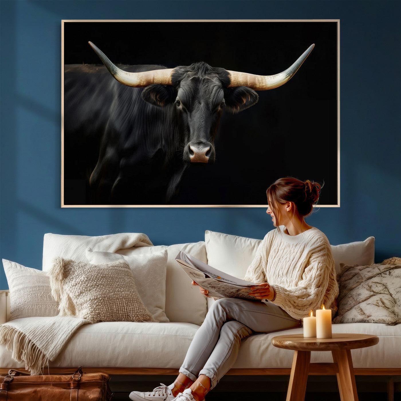 63798-MGV-CV-36X24 - Texas Longhorn Cow | Majestic Black Bull Wall Art Canvas Print - Farmhouse Animal Decor - Ready to