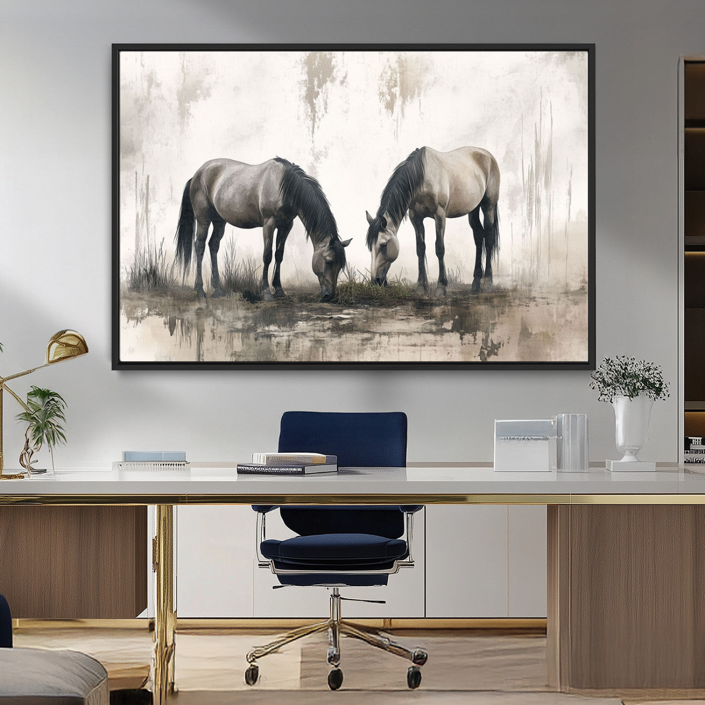 -Chines Ink Style Vintage Horses Wall Art Canvas Print for Farmhouse Wall Decor