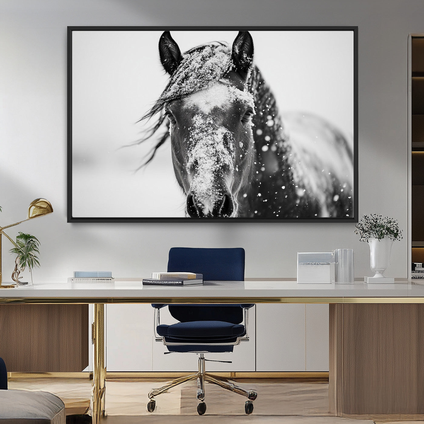 58804-MGV-FC-36X24_Black-Western Wall Art | Black and White Winter Horse Wall Art | Ready to Hang and Framed | Farmhouse and