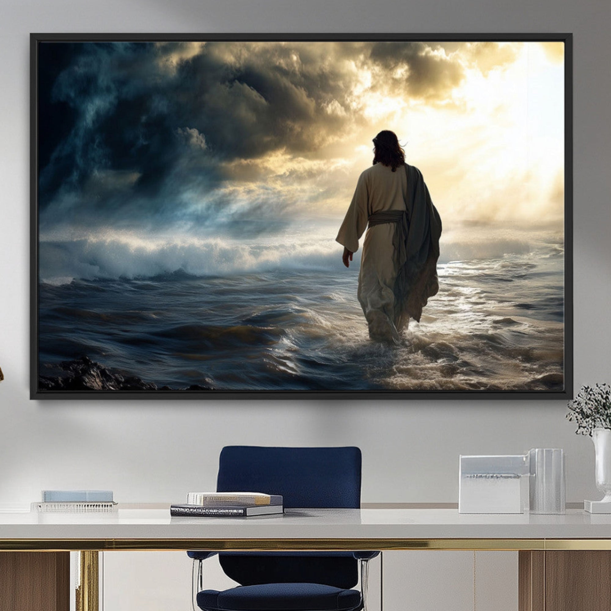 76524-MGV-CV-36X24-Jesus Walking Water Wall Art – Inspirational Christian Canvas Print, Faith Based Spiritual Artwork for Living Room, Prayer Space, or Church Decor
