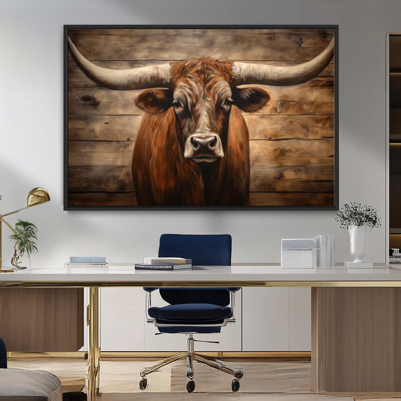 77556-MGV-FC-36X24_Black-Longhorn Bull Wall Art | Canvas Print | Ready to Hang | Rustic Farmhouse Wall Decor | Western Barn