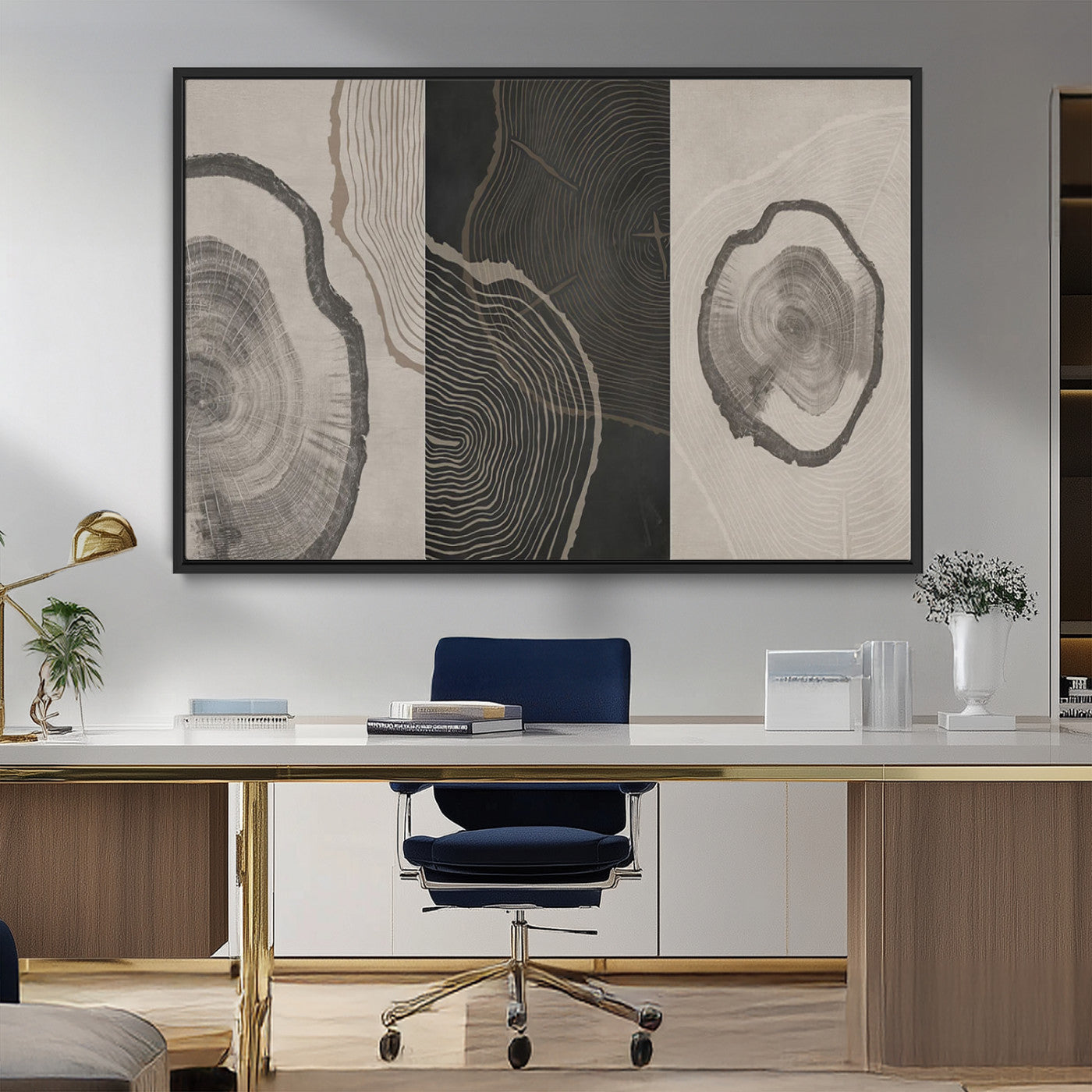 25407-MGV-FC-36X24_Black-Modern Abstract Tree Ring Canvas Art Set | 3 Panel Large Tree Ring Design for Living Room, Office,