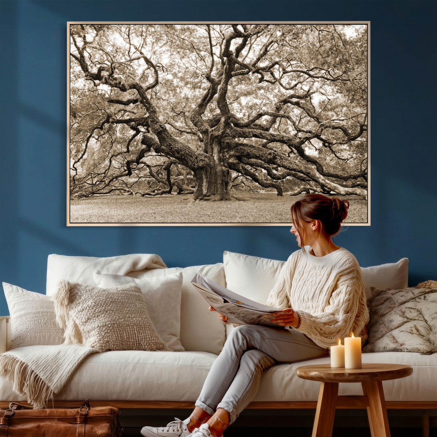 51126-MGV-CV-36X24 - Sepia Framed Angel Oak Tree Wall Art - 3-Panel Canvas Prints, Large Green Nature Artwork, Ready to