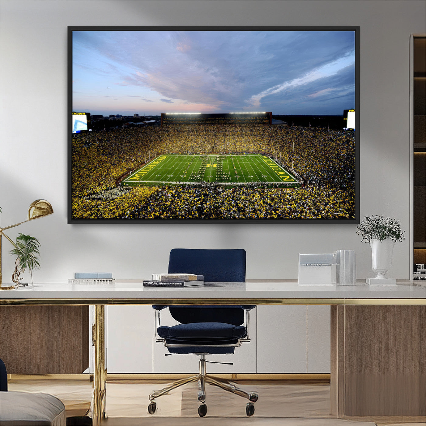 82641-MGV-FC-36X24_Black-Michigan Stadium Wall Art Canvas Print – Framed Football Field Scene with Marching Band Artwork for Home, Office