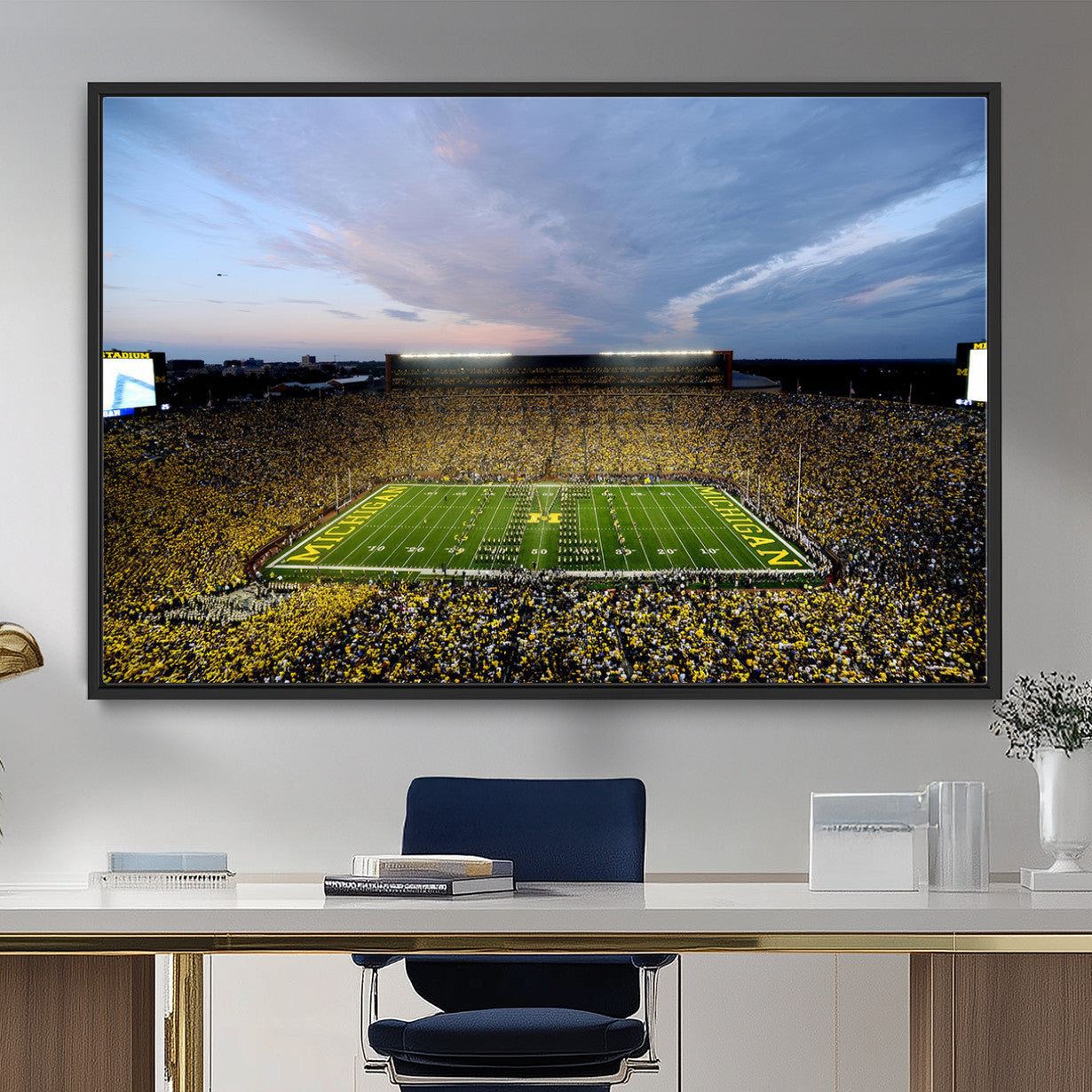 82641-MGV-FC-36X24 - Michigan Stadium Wall Art Canvas Print, Vibrant Game Day Crowd and Sunset Sky Football Field Artwork for Home, Office