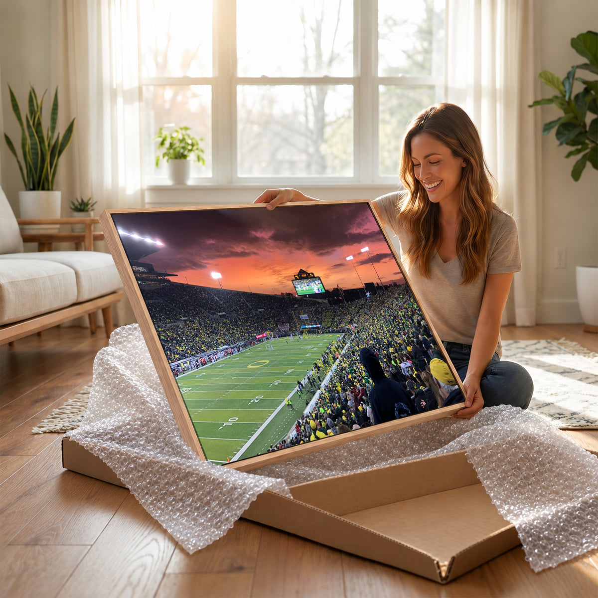 75065-PAN-FL-20X10 - Eugene Autzen Stadium Canvas Wall Art Print – Sunset Over Iconic Football Field Wall Decor for Home