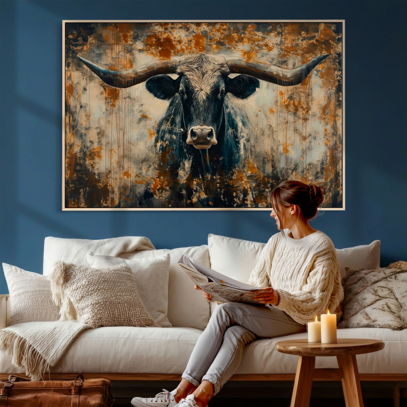 85913-MGV-CV-36X24 - Abstract Longhorn Bull Wall Art | Rustic Western Wall Decor | Framed and Ready to Hang | Ideal for
