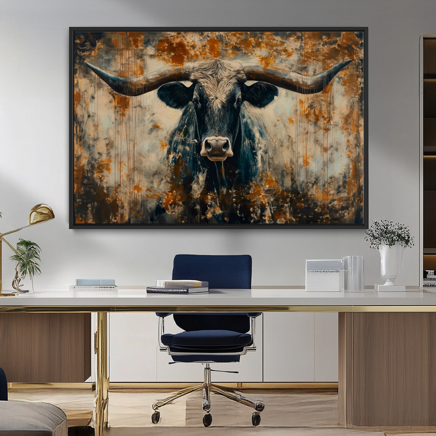 85913-MGV-FC-36X24_Black-Longhorn Wall Art – Rustic Western Bull Canvas Print, Modern Farmhouse Animal Decor for Living Room, Office, or Ranch House