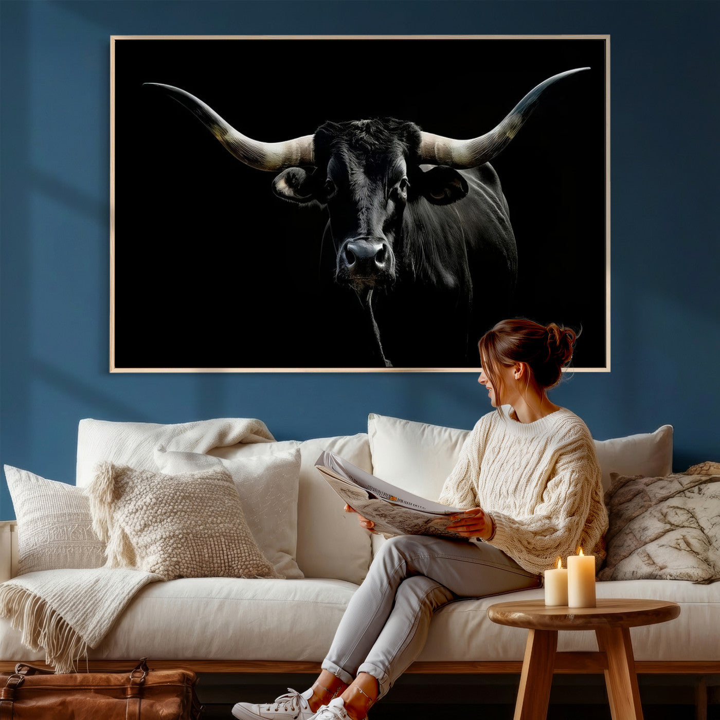20679-MGV-CV-36X24 - Texas Black Longhorn Bull Wall Art Canvas Print - Western Texas Cattle Rustic Decor Print - Longhorn